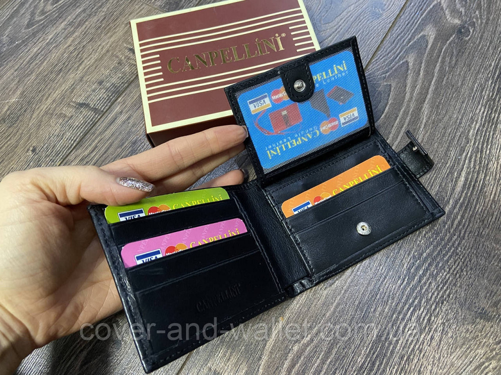 Тонкий мужской кожаный кошелек небольшого размера черного цвета Сanpellini Киев - изображение 8