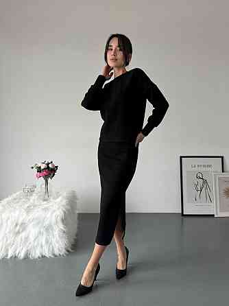 Женский стильный теплый костюм двойка с разрезом сбоку Черный, 50/52 Одесса