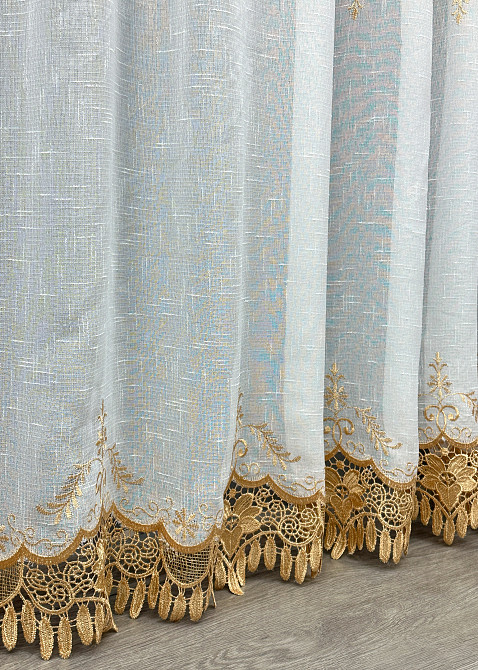 Тюль VR-Textil 1803т Лен с кружевом Белый с золотистым 300х270 см (40-108) Киев - изображение 8