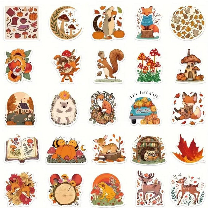 Осінні веселі наклейки з твариними, осінні стікери, Водонепроникні вінілові наклейки для Пляшки Води Київ - фото 7
