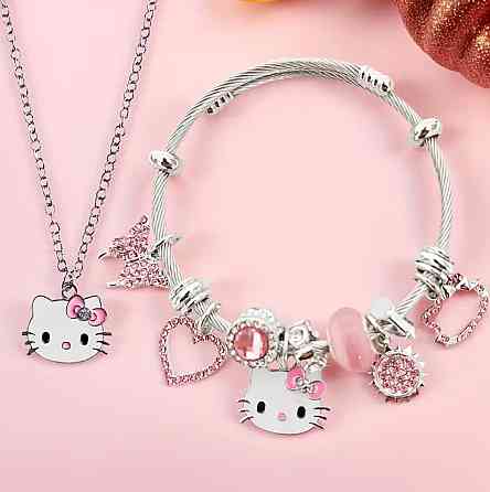 Набір прикрас для дівчинки: браслет і намисто з підвісками котик, серце, метелик (2 шт) Київ