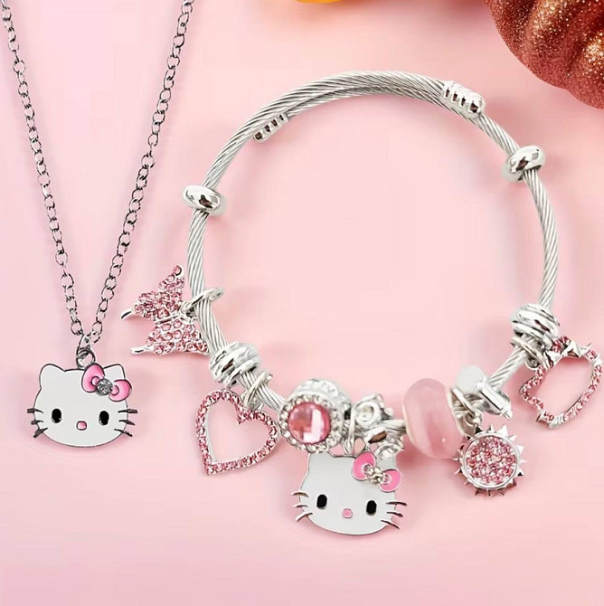 Набір прикрас для дівчинки: браслет і намисто з підвісками котик, серце, метелик (2 шт) Київ - фото 1