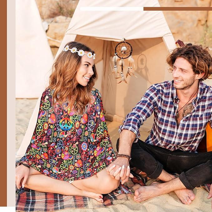 Хіпі костюм жіночій ретро у стилі 60х 70х для Хелловіну, вечірки, корпоративу, карнавальний комплект хіппі пончо Київ - фото 4