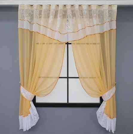 Кухонный комплект VR-Textil № 085к шторки с ламбрекеном золотистый с белым 280х170 см (52-0828) Киев