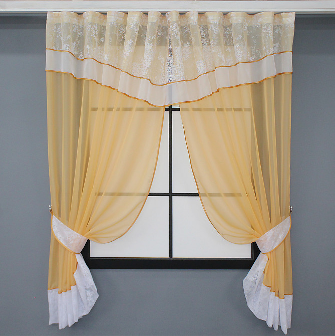 Кухонный комплект VR-Textil № 085к шторки с ламбрекеном золотистый с белым 280х170 см (52-0828) Киев - изображение 1