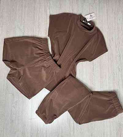 Жіночий домашній костюм-трійка: футболка штани + шорти плюш-велюр Шоколад, 54/56 Одеса