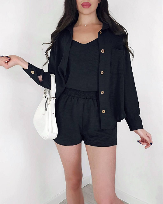 Жіночий легкий костюм-трійка: сорочка, майка та шорти креп жатка Чорний, 42/44 Одеса - фото 1