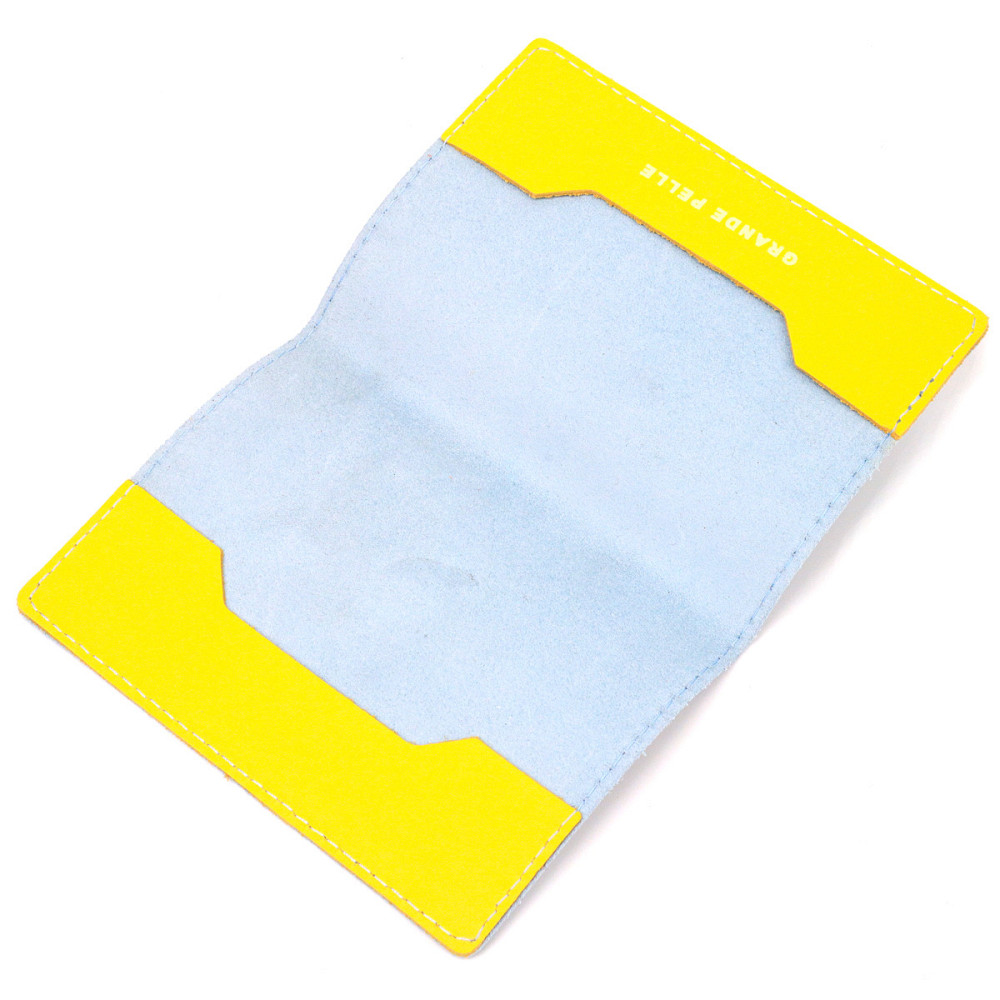 Оригінальна шкіряна обкладинка на паспорт комбі двох кольорів Серце GRANDE PELLE 16729 Жовто-блакитна Київ - фото 3