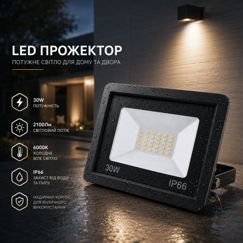 Світлодіодний прожектор vidaXL 30Вт, IP66, 2100Лм, 6000К — потужне освітлення для дому (Уцінка) Київ - фото 3