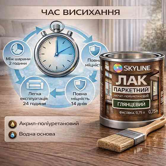 Лак для підлоги глянцевий Skyline паркетний, акрил-поліуретановий, водний, зносостійкий, без запаху, 750 мл Харків