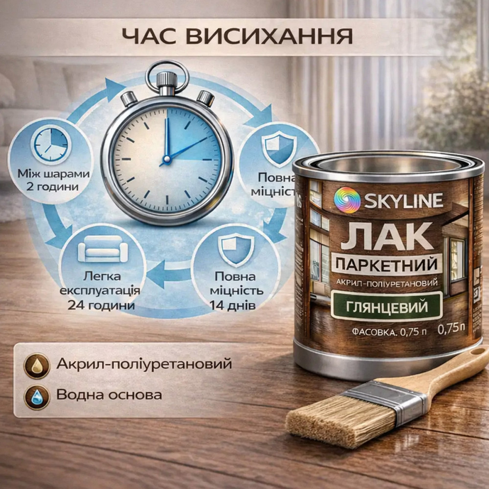 Лак для підлоги глянцевий Skyline паркетний, акрил-поліуретановий, водний, зносостійкий, без запаху, 750 мл Харків - фото 6