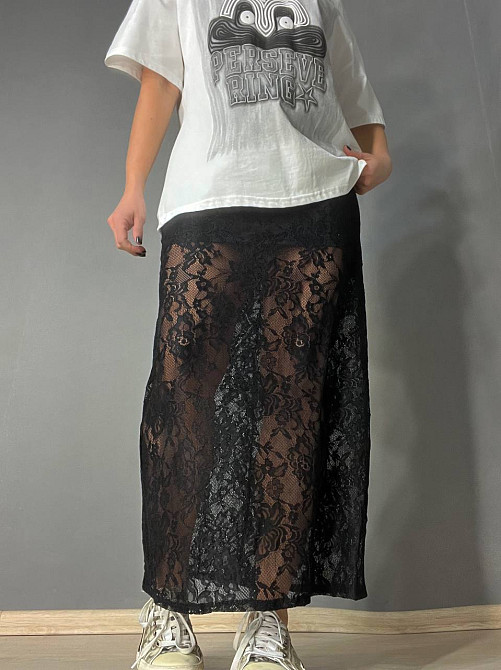 Спідниця жіноча Shiqi 9314 гіпюрова прозора довга з підкладкою стрейтчева чорна, чорний, M Київ - фото 13