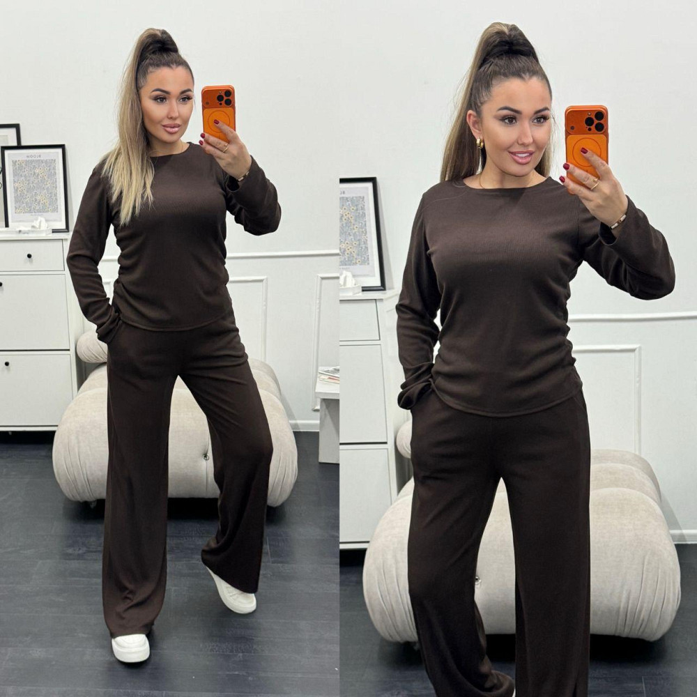 Женский базовый костюм двойка: лонгслив и штаны трикотажный рубчик Шоколадный, 46/48 Одесса - изображение 1