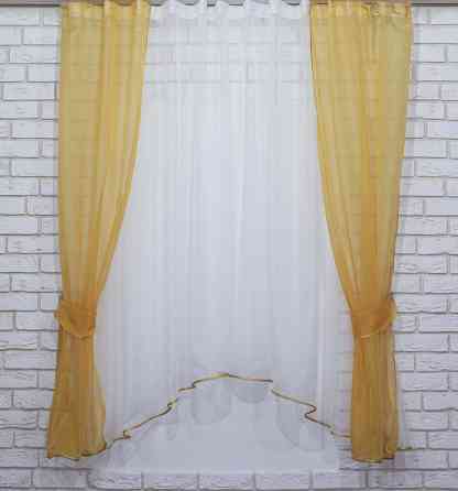 Кухонний комплект VR-Textil № 051к тюль і шторки з підв'язками золотистий з білим 280х170 см (50-039) Київ
