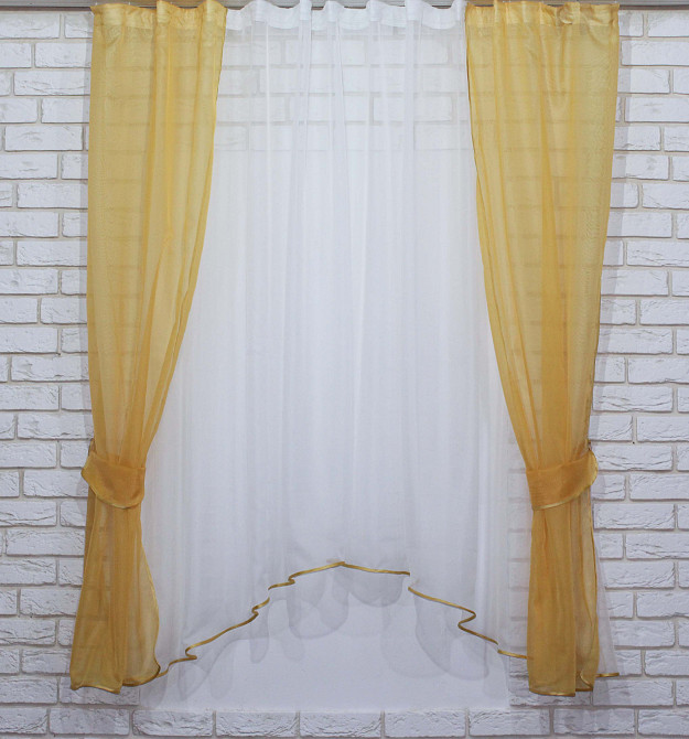Кухонний комплект VR-Textil № 051к тюль і шторки з підв'язками золотистий з білим 280х170 см (50-039) Київ - фото 1