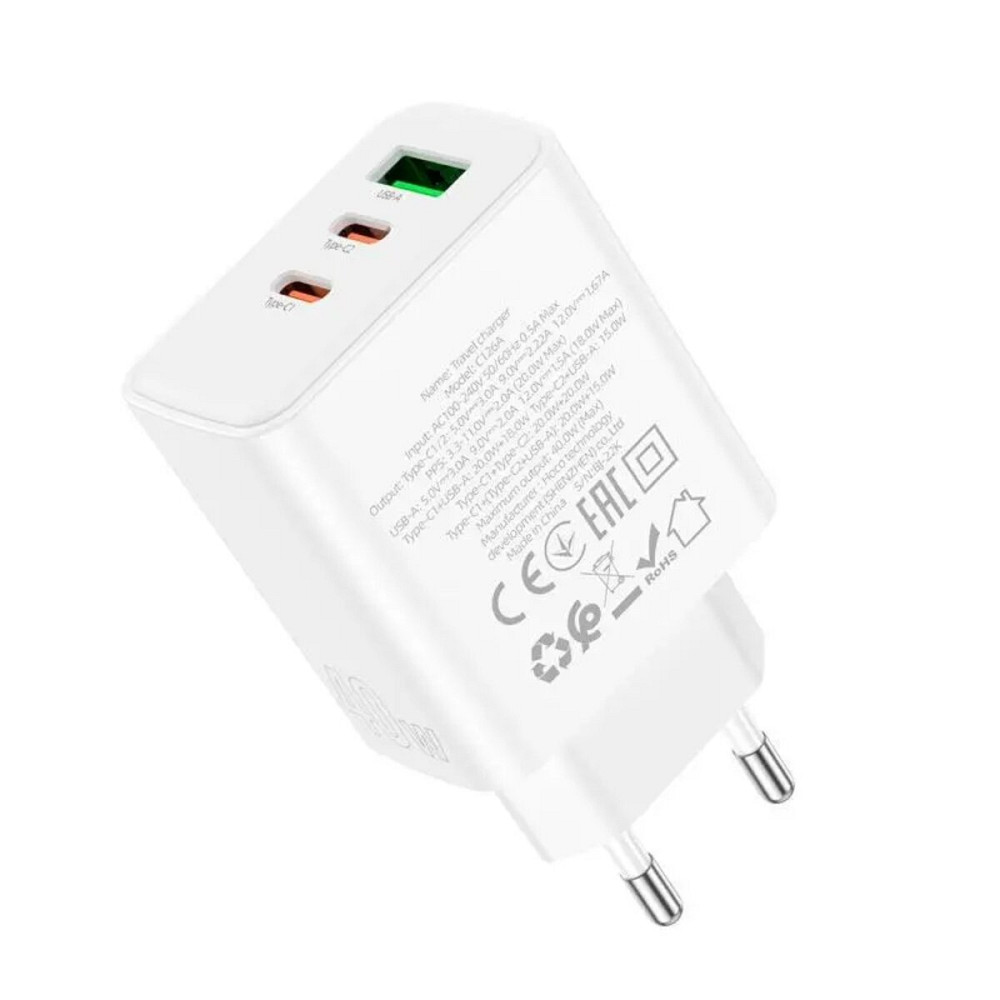 Мережевий зарядний пристрій HOCO C126A Pure power PD40W three-port(2C1A) charger White Киев - изображение 4