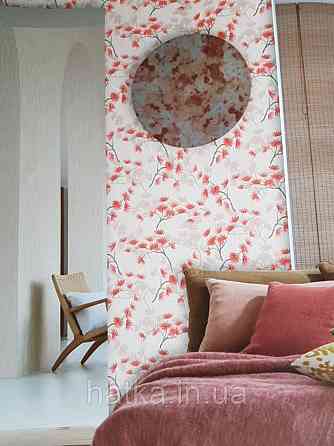 Шпалери вінілові Decoprint Breeze листя метелики квіти червоні, коричневі на бежевому японський мотив 0.53х10 Київ