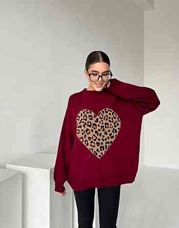 Жіночий стильний светр оверсайз із серцем Бургунді Одеса
