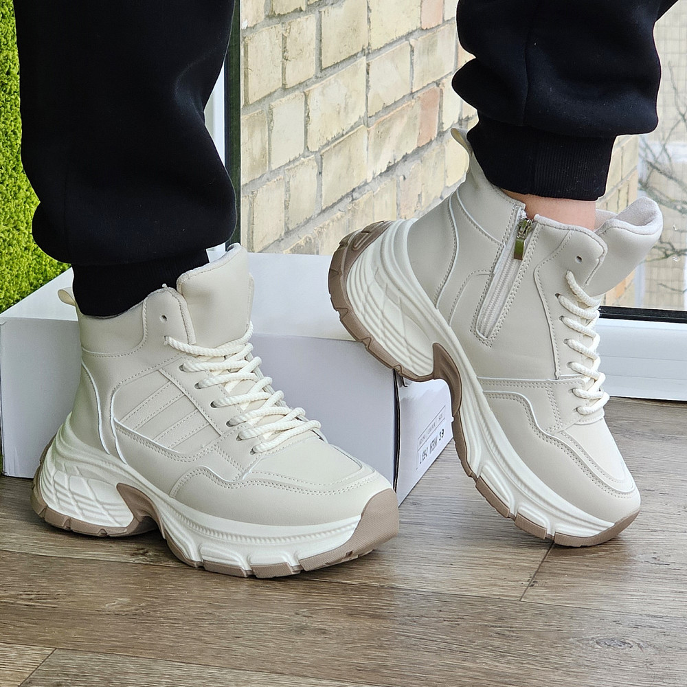 Зимові жіночі Бежеві Кросівки з МЕХОМ на Толстой Підошві Танкетке Ботинки Шкіряні Світлі (розміри: 36,37,38,39) Дніпро - фото 3