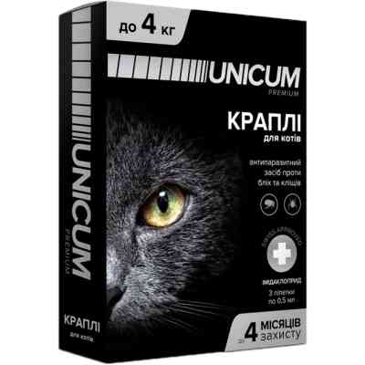 Краплі для тварин Unicum Premium від бліх та кліщів на холку для котів масою до 4 кг/3 шт (4820150201760) Вінниця