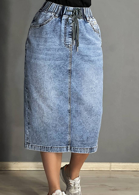 Юбка женская джинсовая ZJY 67501 талия на резинке со шнурком ниже колена разрез сзади голубая, голубой, 44, 42, 110 см, 134 см Киев - изображение 19