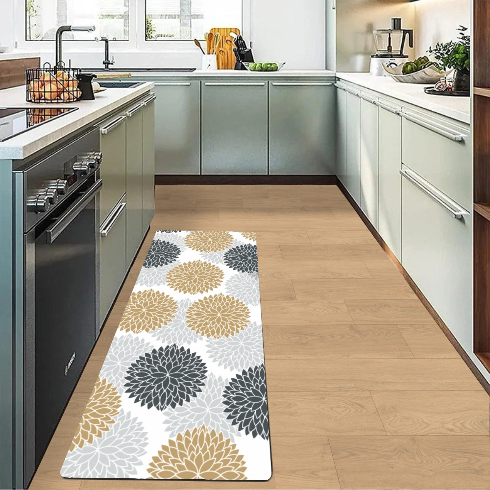 Суперпоглинаючий Антиковзкий Килимок Aquarius для ванної та кухні 50 х 120 см Сірі/Бежеві Квіти Буча - фото 1
