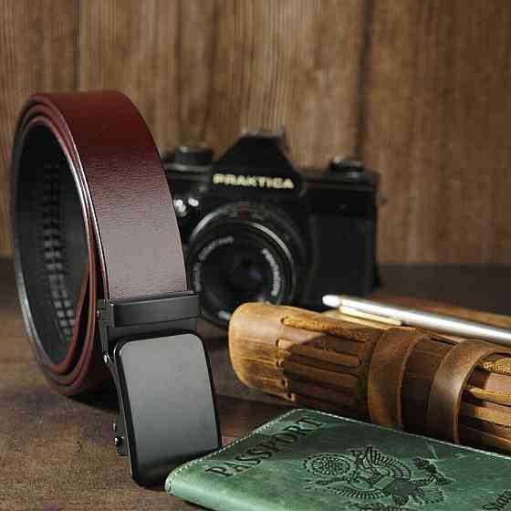 Ремень мужской с черной пряжкой автомат Vintage 20271 Коричневый Киев