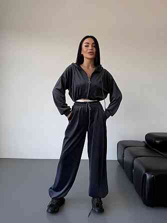 Женский стильный повседневный велюровый костюм двойка Графит Одесса