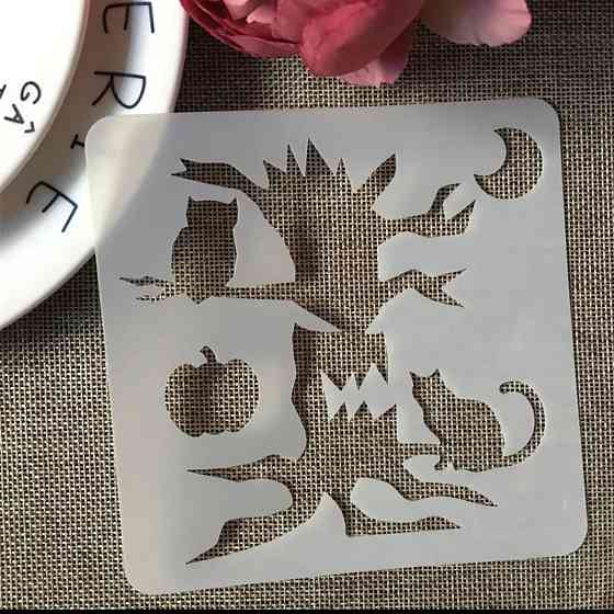 Трафарет на Хэллоуин Дерево с кошками 13 на 13 см серый Киев