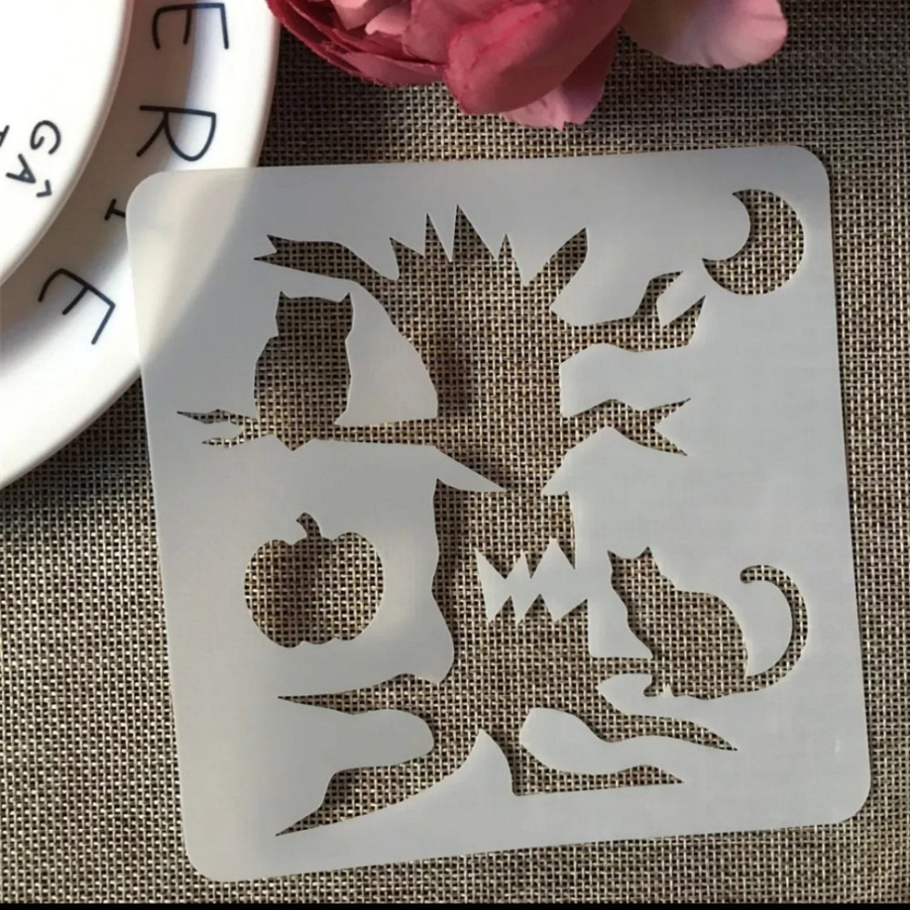 Трафарет на Хэллоуин Дерево с кошками 13 на 13 см серый Киев - изображение 1