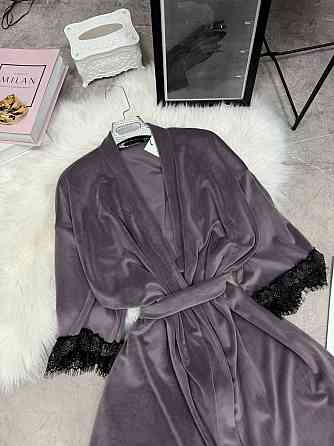 Женский домашний халат на запах велюр с кружевом Фиолетовый, Oversize 42/46 Одесса