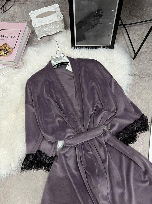 Женский домашний халат на запах велюр с кружевом Фиолетовый, Oversize 42/46 Одесса - изображение 2