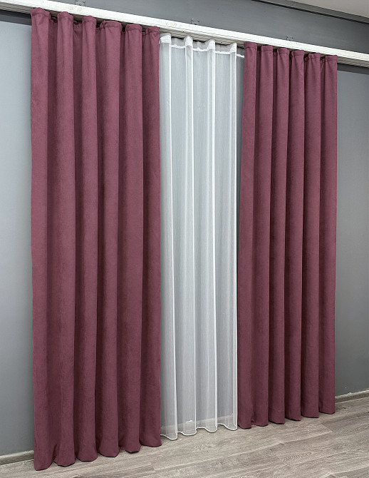 Комплект штор VR-Textil Микровелюр Petek 100х270 2шт и Тюль 300х270 1490ш-1153т Пурпурный с белым 71-034/1 Київ - фото 3