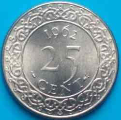 Монета 25 центов. 1962-76 год, Суринам. Полтава