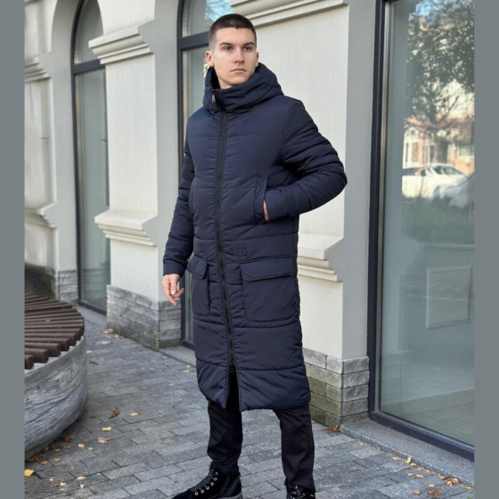 Парка зимова чоловіча куртка -25 подовжена тепла Pobedov Tank з капюшоном темно-синя Одеса