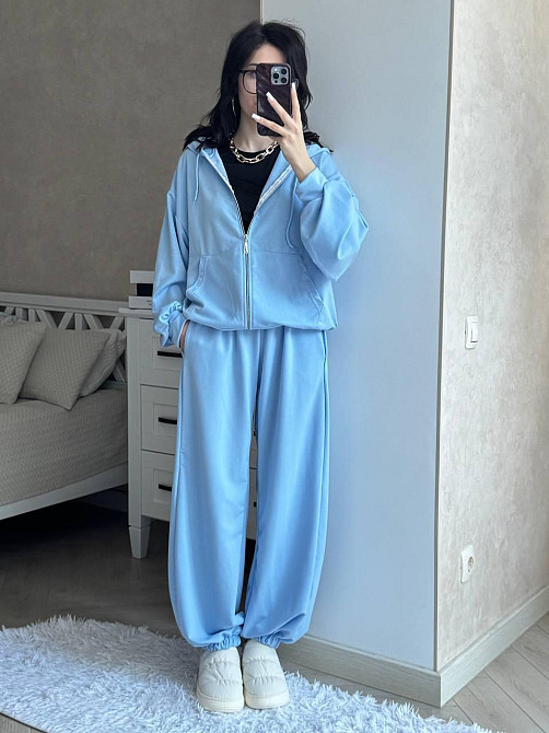 Женский прогулочный оверсайз костюм двойка: кофта и штаны двунить Голубой Одесса - изображение 1