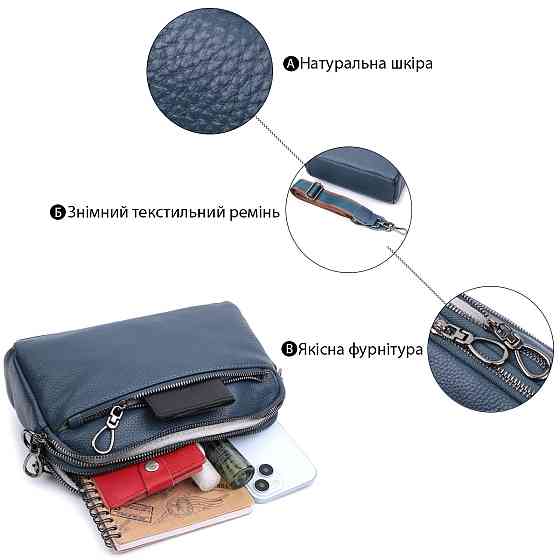 Стильная сумка для женщин с карманами из натуральной кожи Vintage 22600 Синяя Киев