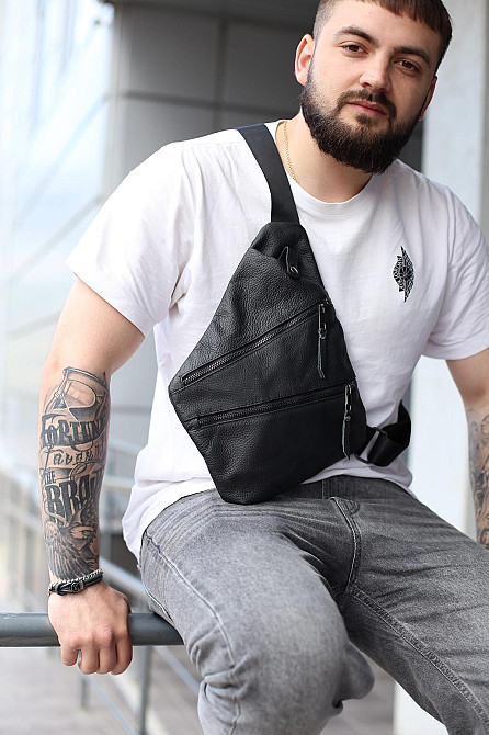 Мужская сумка из натуральной кожи, сумка через плечо SKILL Cross body (Черная) Сумы - изображение 2
