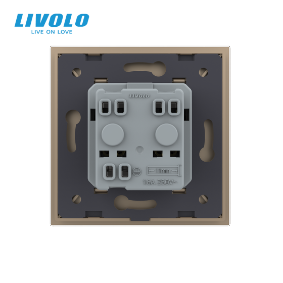 Електрична розетка вологозахисна з кришкою IP44 з заземленням, LIVOLO, золота, скляна рамка, шторки, 250В 16А (VL-C7C1EUWF-13) Коломыя