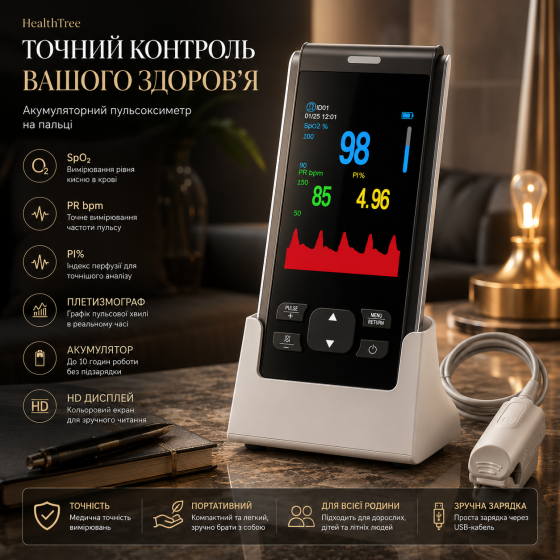 Пульсоксиметр акумуляторний на палець HealthTree JKS50F Bluetooth — Портативний оксиметр з OLED-дисплеєм та пам'яттю (НТ-JKS50F) Київ