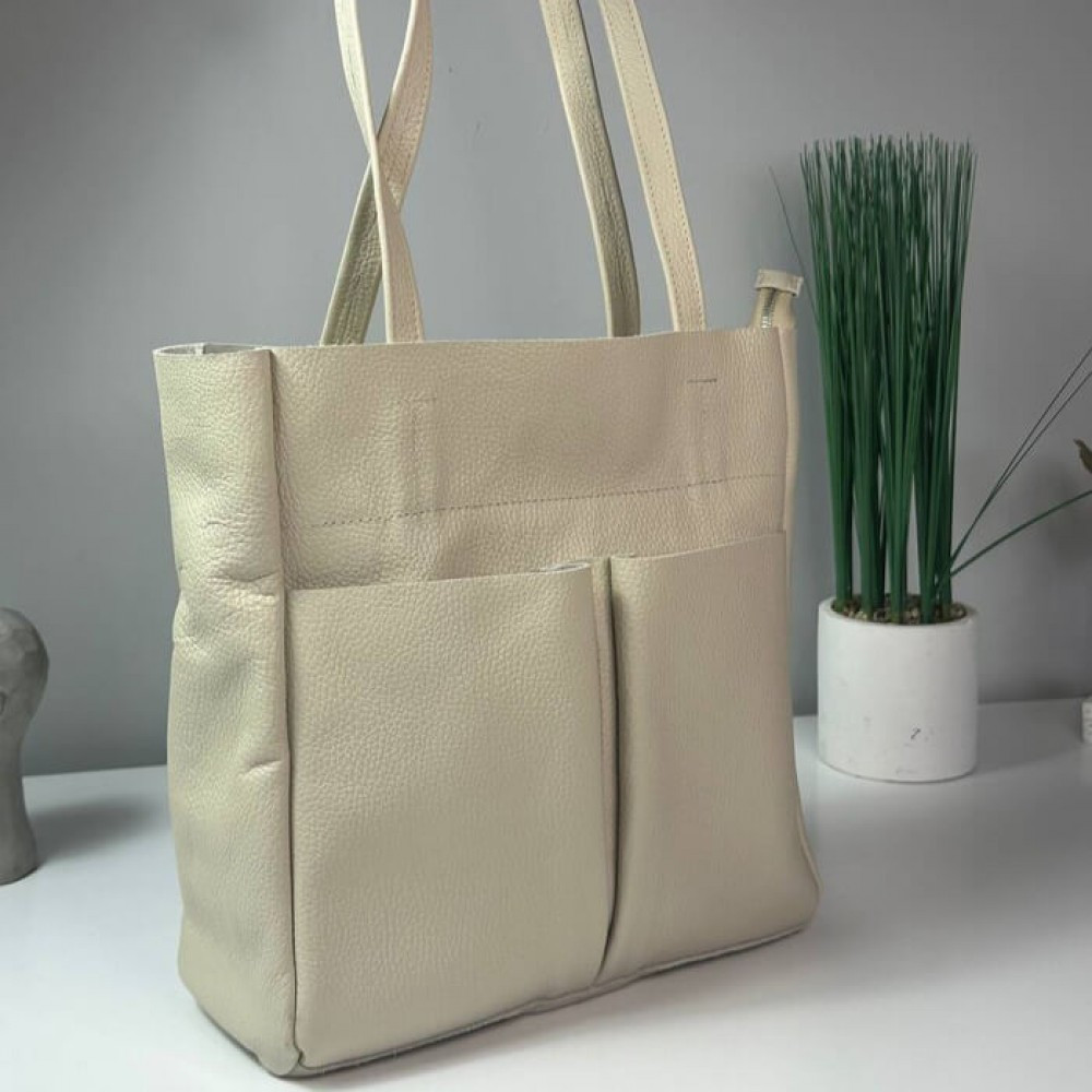 Сумка тоут жіноча шкіряна велика Юта Бежева 28*30*12 см, сумка шопер бежева стильна з кишенямиMasterSem Київ - фото 1