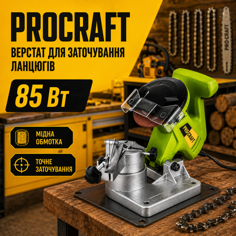 Верстат для заточування ланцюгів Procraft  65 Вт з мідною обмоткою,Станки верстата для заточування ланцюгів Львів - фото 1