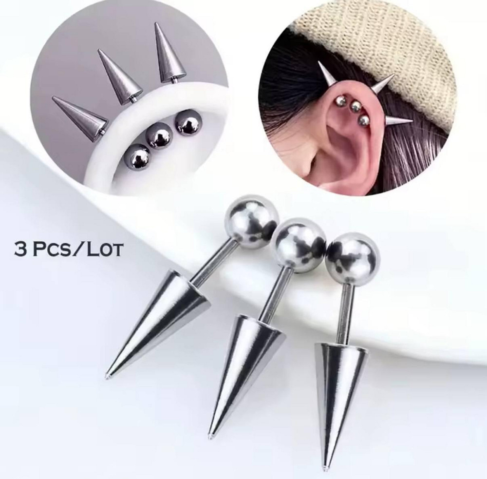 Серьги-шипы панк из стали - серебристый цвет, 3 шт Киев - изображение 3