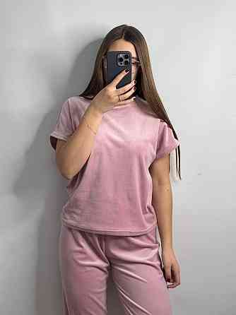 Піжама-комплект (футболка+шорти+штани) з плюшевого велюру Пудровий S Харків