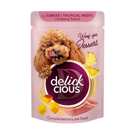 Вологий корм для дорослих собак Delickcious пластівці з індичкою та тропічними фруктами у вершковому соусі, 80 г Вінниця