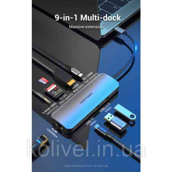 Док-станція USB3.1 Type-C --> HDMI/USB 3.0x2/RJ45/USB-C/SD/TF/TRRS 3.5mm/PD 100W Hub 9-in-1 Vention (TOMHB) Київ