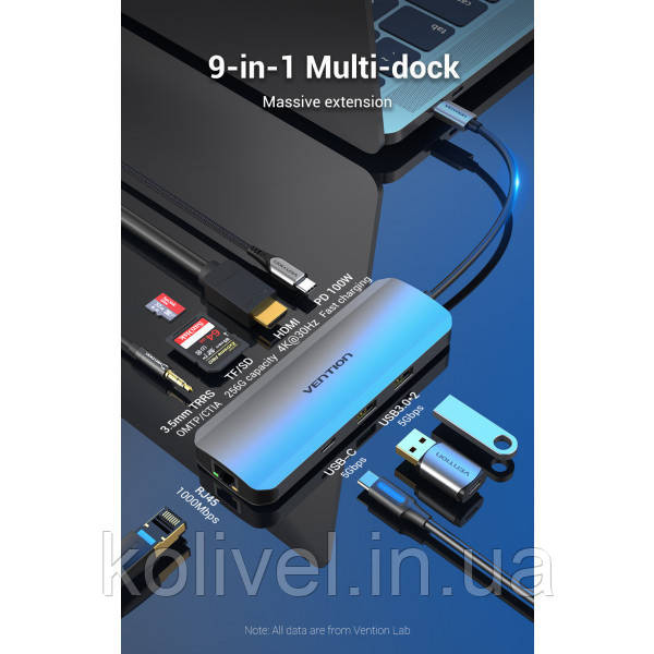 Док-станція USB3.1 Type-C --> HDMI/USB 3.0x2/RJ45/USB-C/SD/TF/TRRS 3.5mm/PD 100W Hub 9-in-1 Vention (TOMHB) Київ - фото 3