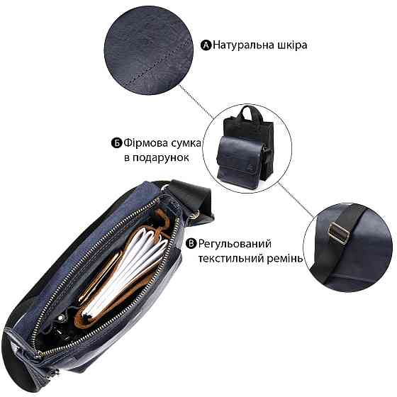 Практичная кожаная мужская сумка-мессенджер GRANDE PELLE 11433 Темно-синий Киев