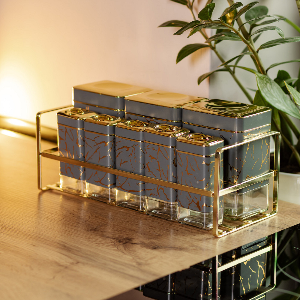 Yiwu Набір для приправ та спецій на підставці 8 штук з кришками Сірий HP-1366 Киев - изображение 7