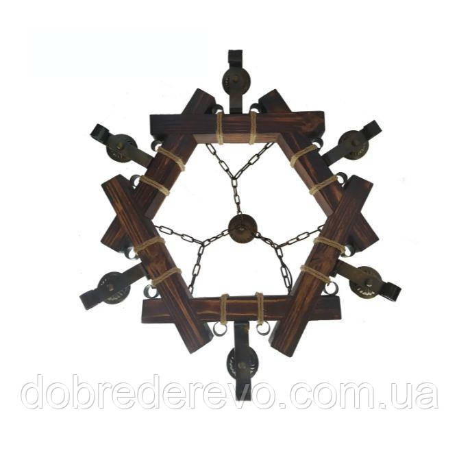 Люстра підвісна дерев'яна шестигранна на 6 свічок ковка Вижниця - фото 2